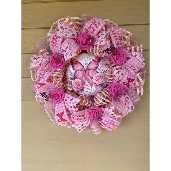 Pink Butterfly Breast Cancer Awareness Wreath Faith Hope Love Pink Ribbon Wreath - Picture 1 of 10